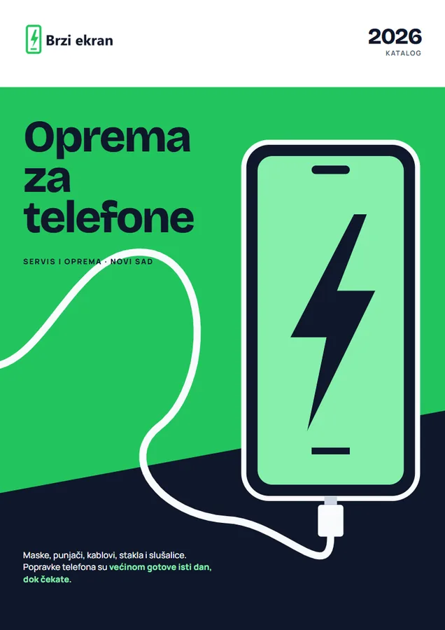 Naslovna strana kataloga opreme za telefone, sa telefonom i kablom preko cele strane.