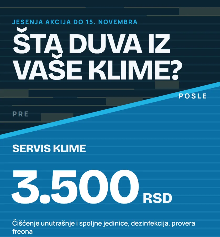 Objava za servis klime: pola rešetke prljavo, pola čisto, i cena 3.500 dinara.