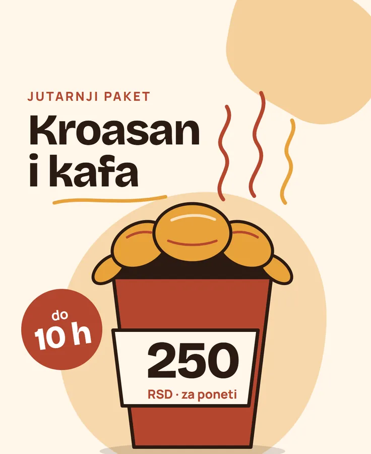 Story pekare: čaša kafe sa kroasanima kao poklopcem i cena 250 dinara do 10 časova.